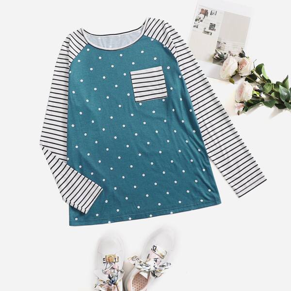 

Striped & Polka Dot Print Raglan Sleeve Tee, Teal blue
