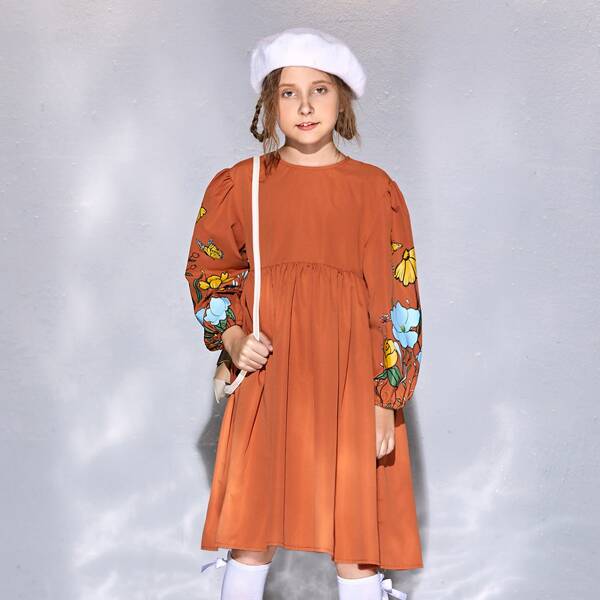 

Girls Floral Print Lantern Sleeve Dress, Burnt orange