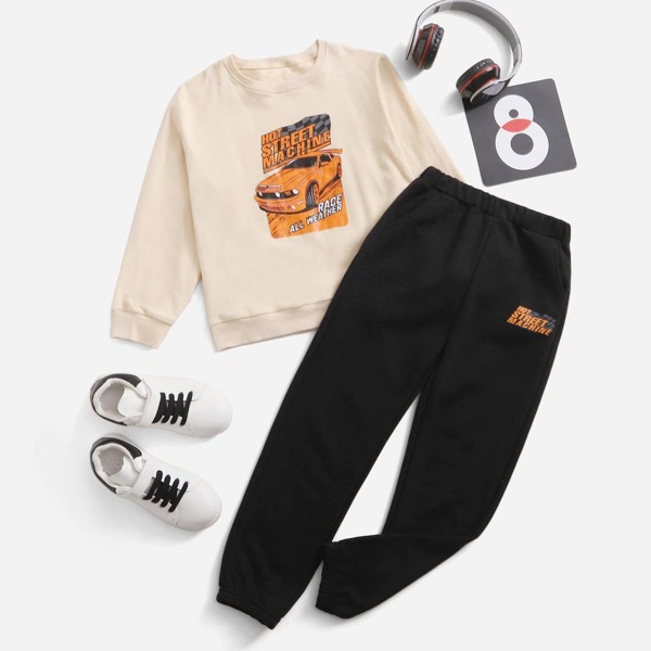 

Boys Car & Slogan Graphic Pullover & Sweatpants, Multicolor