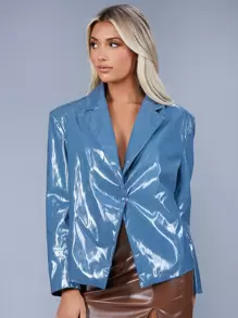 SHEIN BAE Áo khoác  âu phục nữ Nút phía trước màu trơn Hấp dẫn - Màu xanh lam - Xem 1