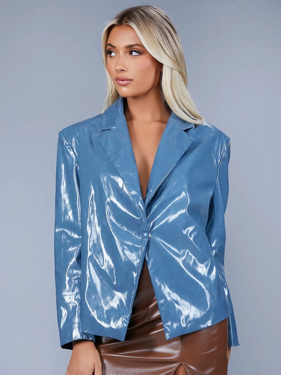 SHEIN BAE Áo khoác  âu phục nữ Nút phía trước màu trơn Hấp dẫn - Màu xanh lam - Xem 1