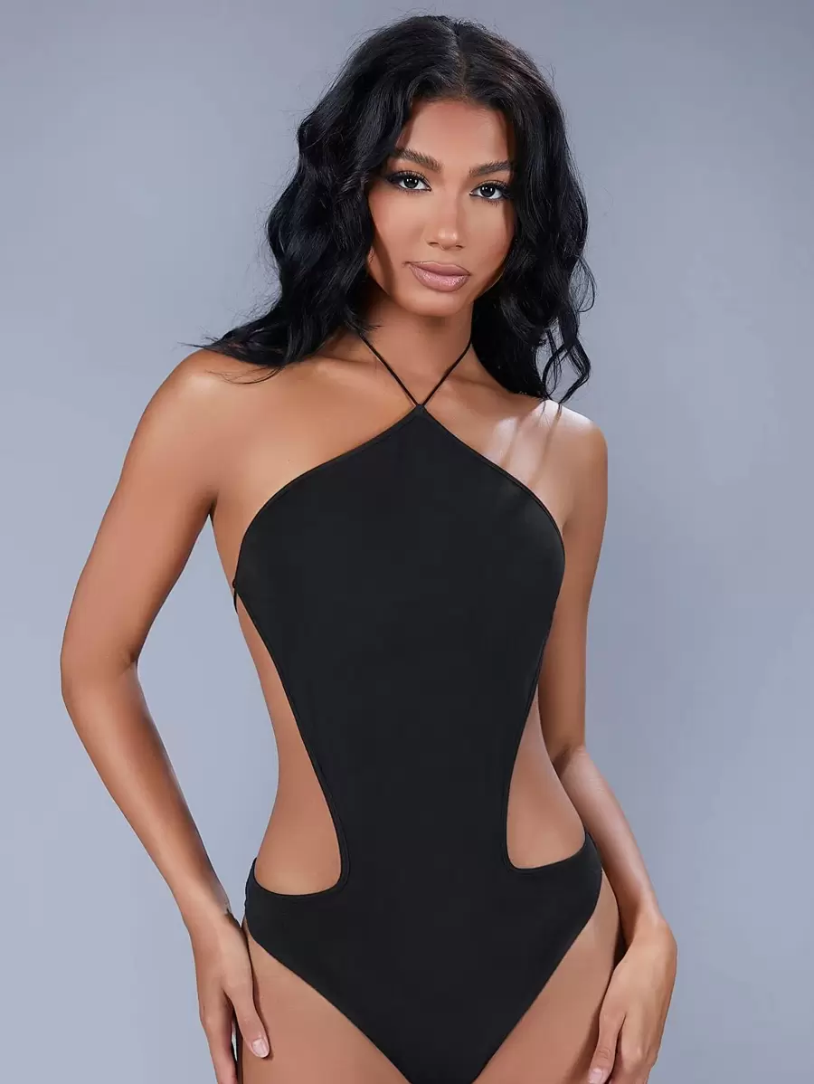 SHEIN BAE Cut Out Tie Backless Halter Bodysuit - Black - View 1