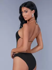 SHEIN BAE Cut Out Tie Backless Halter Bodysuit - Black - View 2