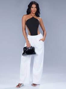 SHEIN BAE Cut Out Tie Backless Halter Bodysuit - Black - View 3