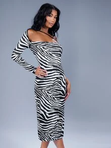 SHEIN Vestido ajustado de rayas de cebra de cuello asimétrico - Blanco y Negro - Ver 5