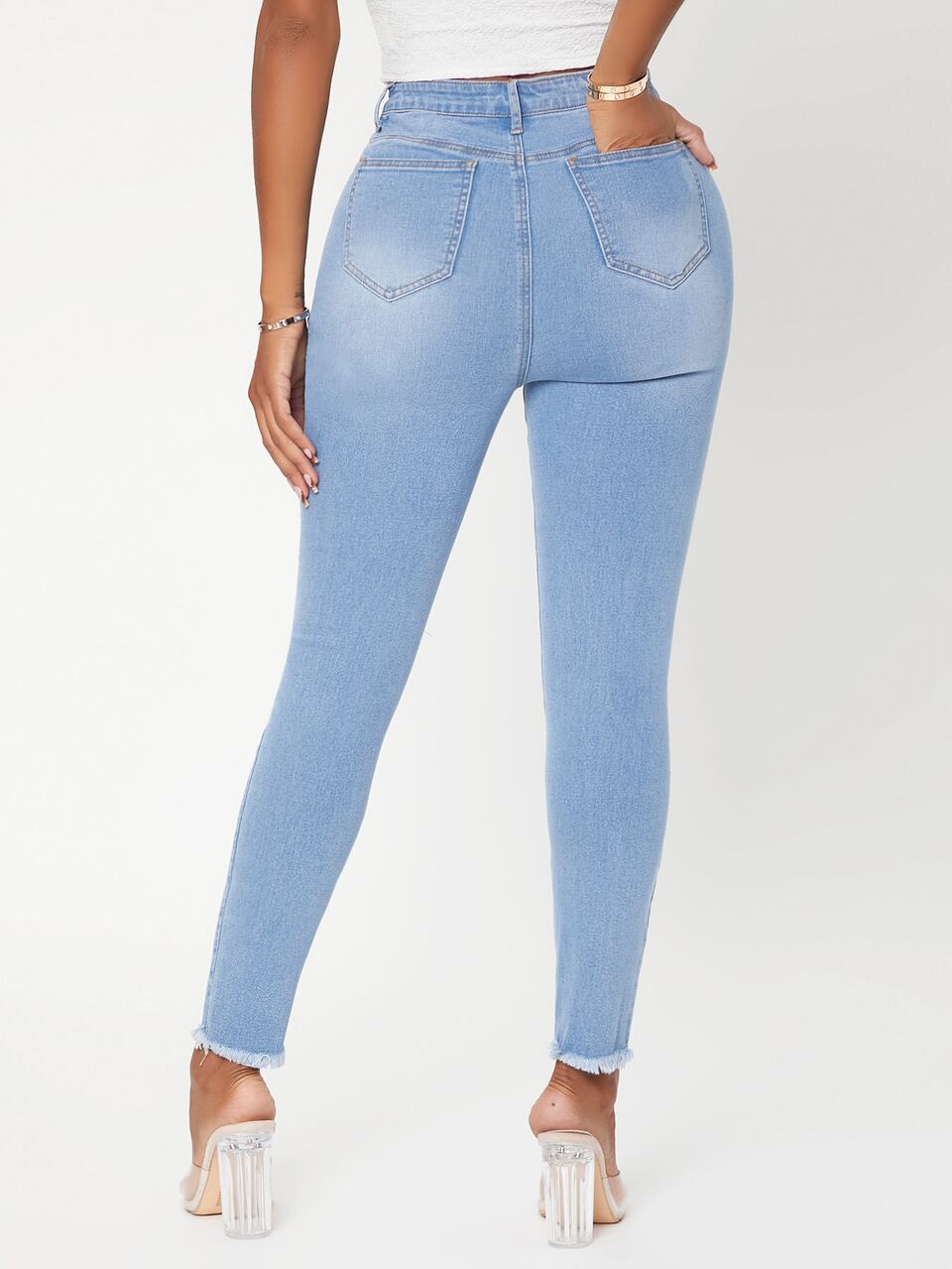 High Waist Ripped Raw Hem Skinny Jeans
