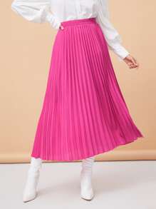 Solid Longline Pleated Skirt - Hot Pink - View 1