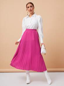 Solid Longline Pleated Skirt - Hot Pink - View 3