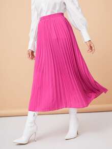 Solid Longline Pleated Skirt - Hot Pink - View 4