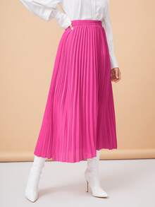 Solid Longline Pleated Skirt - Hot Pink - View 5