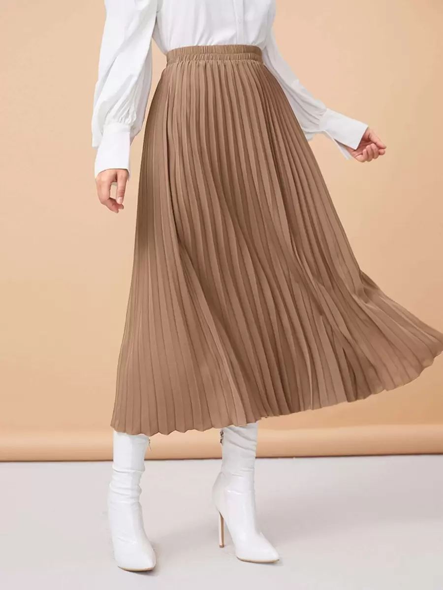 Modelyn 纯色长款百褶裙 - 駝色 - 查看 1