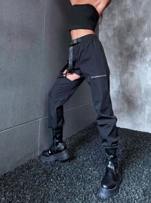 Gothic Flap Pocket Cut Out Buckled Cargo Trousers - Black - View 1