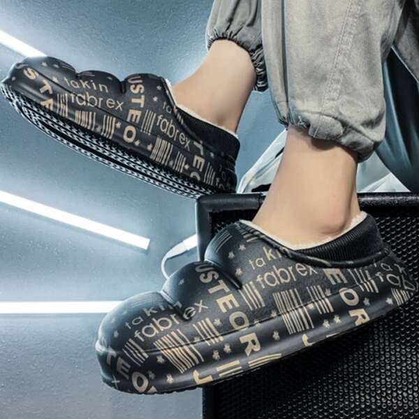 

Men Letter Graphic Plush Inside Slippers, Black