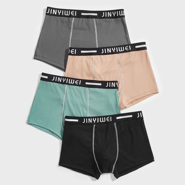 

Men 4pcs Contrast Letter Tape Boxer Brief, Multicolor