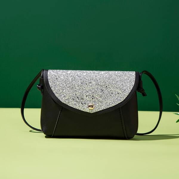 

Glitter Detail Flap Square Bag, Black