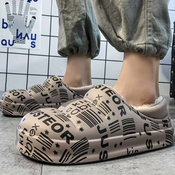 

Men Letter Graphic Fuzzy Slippers, Khaki