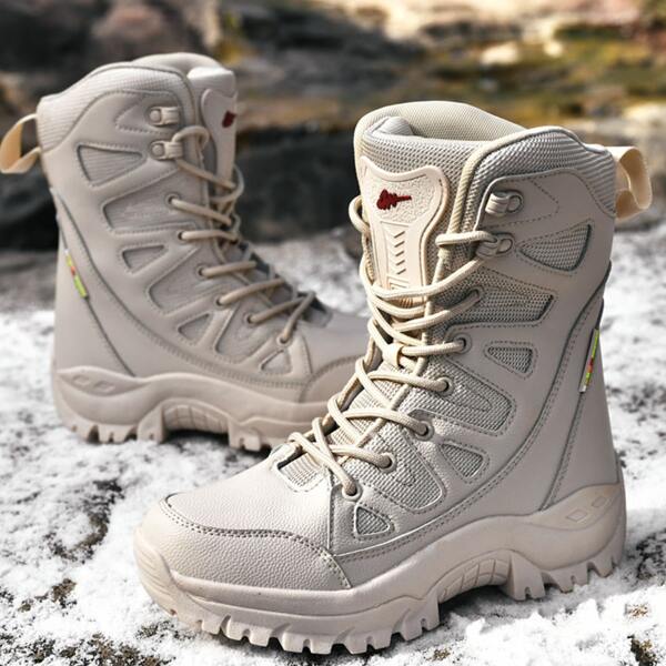 

Men Minimalist Lace-up Front Snow Boots, Beige