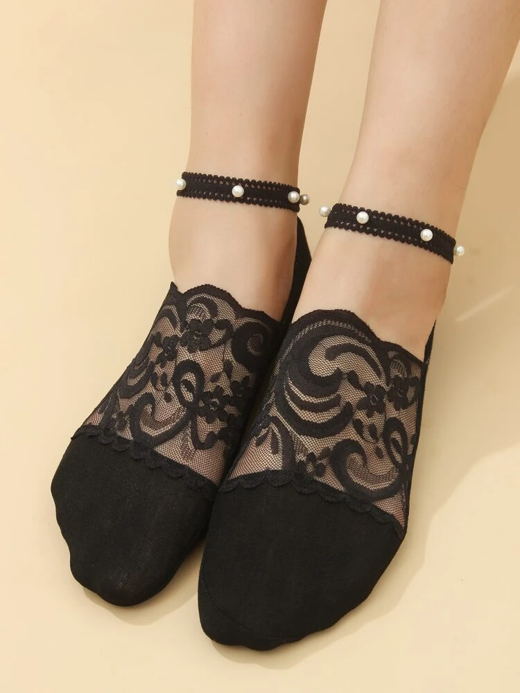 Faux Pearl Decor Invisible Socks