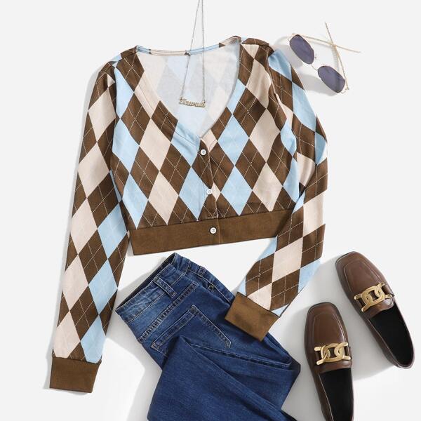 

Argyle Print V-neck Tee, Multicolor