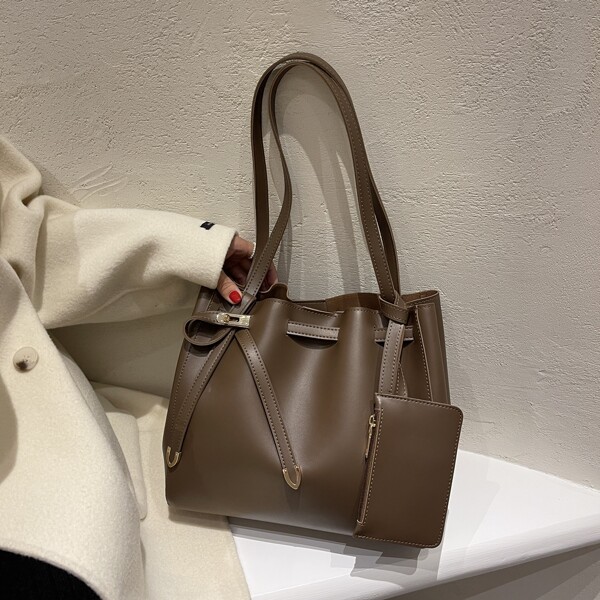 

Drawstring Detail Tote Bag With Small Wallet, Coffee brown