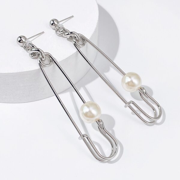 

Faux Pearl Decor Safety Pin Drop Earrings, Silver