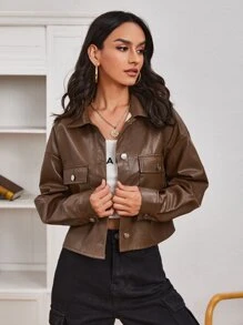 SHEIN 單排扣翻蓋口袋PU夾克