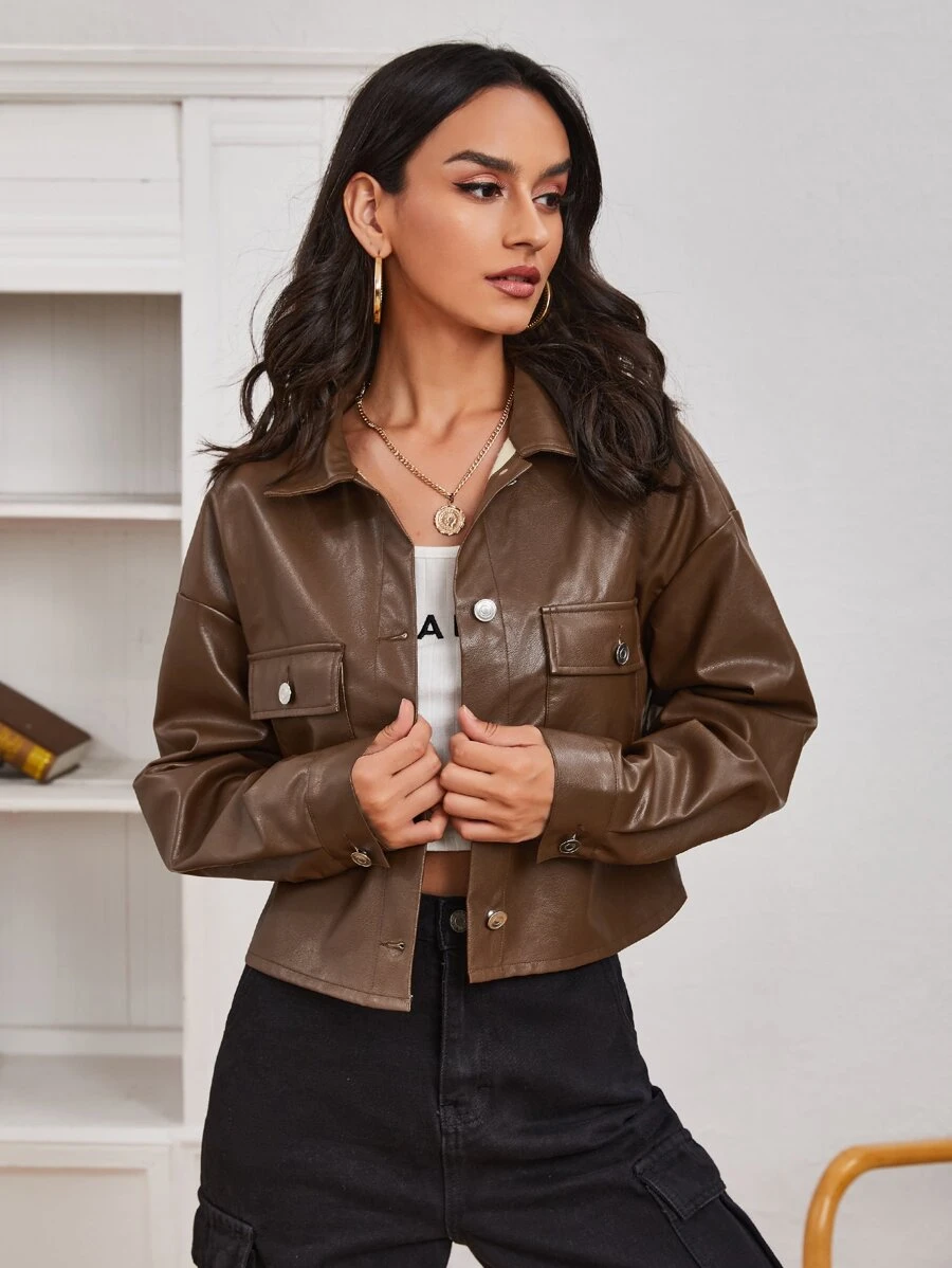 SHEIN 單排扣翻蓋口袋PU夾克