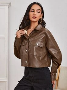 SHEIN 單排扣翻蓋口袋PU夾克