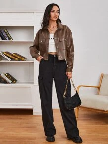 SHEIN 單排扣翻蓋口袋PU夾克