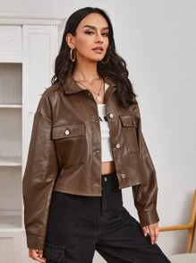 SHEIN 單排扣翻蓋口袋PU夾克