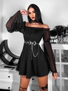 Đầm Gothic Off Shoulder Lá sen tỉa Chi tiết ren Lưới Không có thắt lưng - màu đen - Xem 1