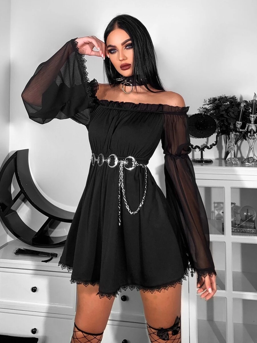Đầm Gothic Off Shoulder Lá sen tỉa Chi tiết ren Lưới Không có thắt lưng - màu đen - Xem 1