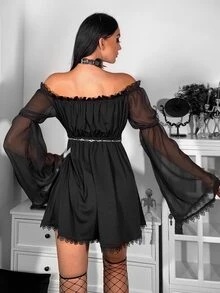 Đầm Gothic Off Shoulder Lá sen tỉa Chi tiết ren Lưới Không có thắt lưng - màu đen - Xem 2