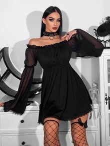 Đầm Gothic Off Shoulder Lá sen tỉa Chi tiết ren Lưới Không có thắt lưng - màu đen - Xem 3
