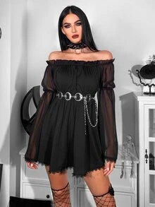 Đầm Gothic Off Shoulder Lá sen tỉa Chi tiết ren Lưới Không có thắt lưng - màu đen - Xem 4