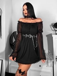 Đầm Gothic Off Shoulder Lá sen tỉa Chi tiết ren Lưới Không có thắt lưng - màu đen - Xem 5