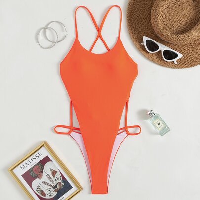 Plain Cut-out One Piece Swimsuit