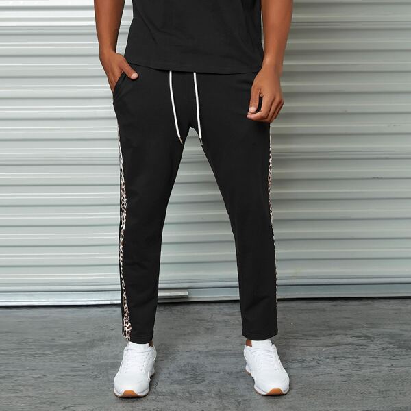 

Men Leopard Side Seam Drawstring Waist Sweatpants, Black