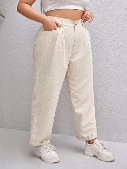 Plus High Waist Slant Pocket Corduroy Trousers