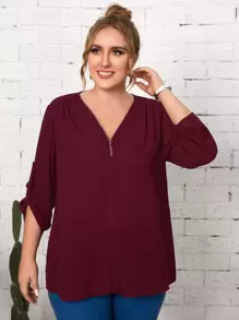 EMERY ROSE Áo sơ mi Plus Size Nút Dây kéo màu trơn Giải trí - Màu Đỏ Sâu - Xem 1