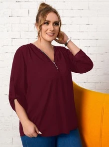 EMERY ROSE Áo sơ mi Plus Size Nút Dây kéo màu trơn Giải trí - Màu Đỏ Sâu - Xem 3
