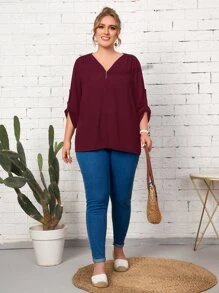 EMERY ROSE Áo sơ mi Plus Size Nút Dây kéo màu trơn Giải trí - Màu Đỏ Sâu - Xem 4