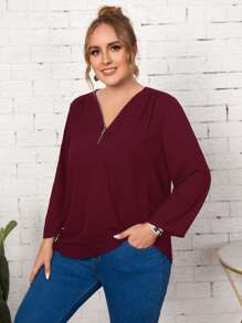 EMERY ROSE Áo sơ mi Plus Size Nút Dây kéo màu trơn Giải trí - Màu Đỏ Sâu - Xem 5