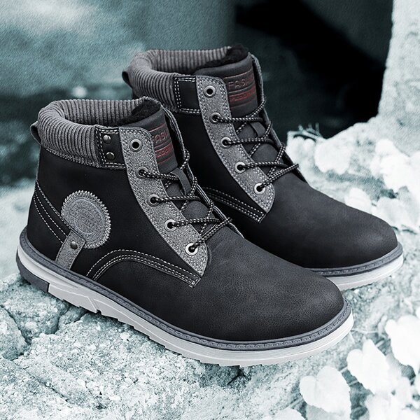 

Men Stitch Design Lace Up Front Boots, Black