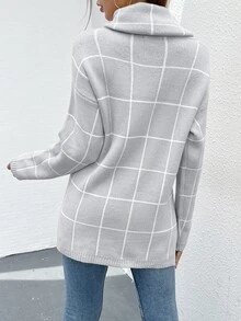 BTFBM Jersey de cuadros patrón cuello alto de hombros caídos - Gris Claro - Ver 2