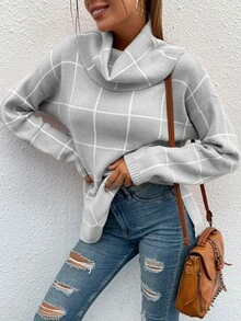 BTFBM Jersey de cuadros patrón cuello alto de hombros caídos - Gris Claro - Ver 3