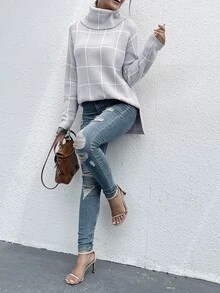 BTFBM Jersey de cuadros patrón cuello alto de hombros caídos - Gris Claro - Ver 4