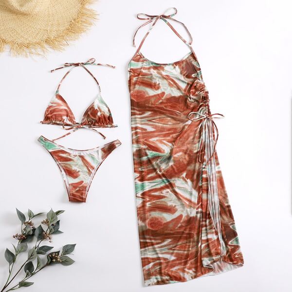 

3pack Allover Print Triangle Bikini Swimsuit & Cover Up, Multicolor