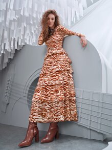 SHEIN VCAY Zebra Striped Layered Hem Belted Skirt - Multicolor - View 1