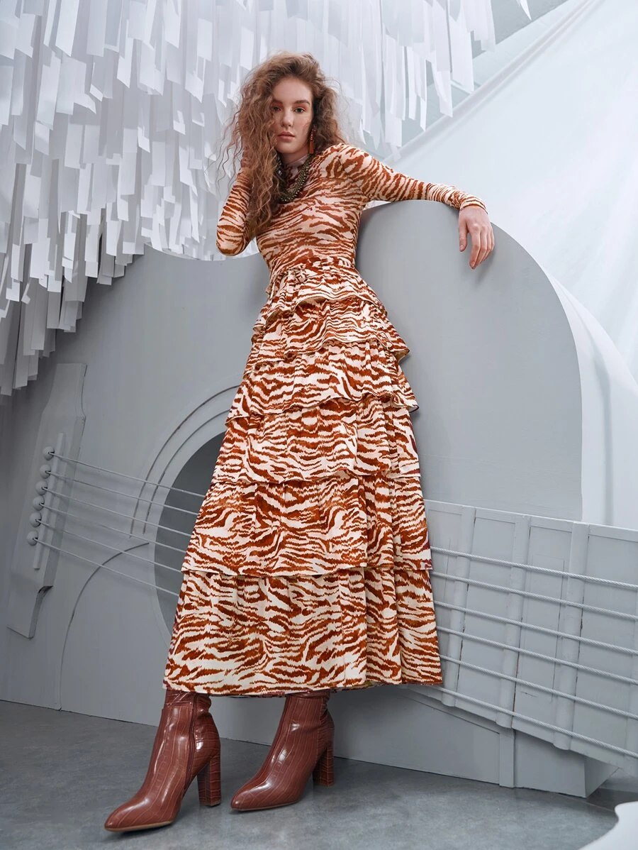 SHEIN VCAY Zebra Striped Layered Hem Belted Skirt - Multicolor - View 1